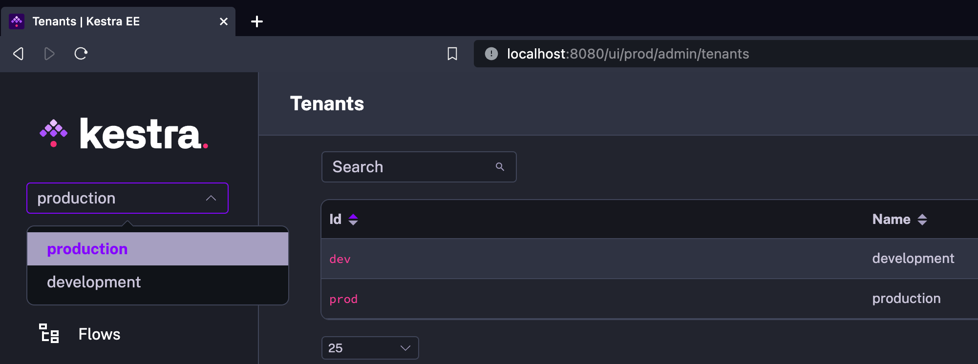 Tenants selection dropdown